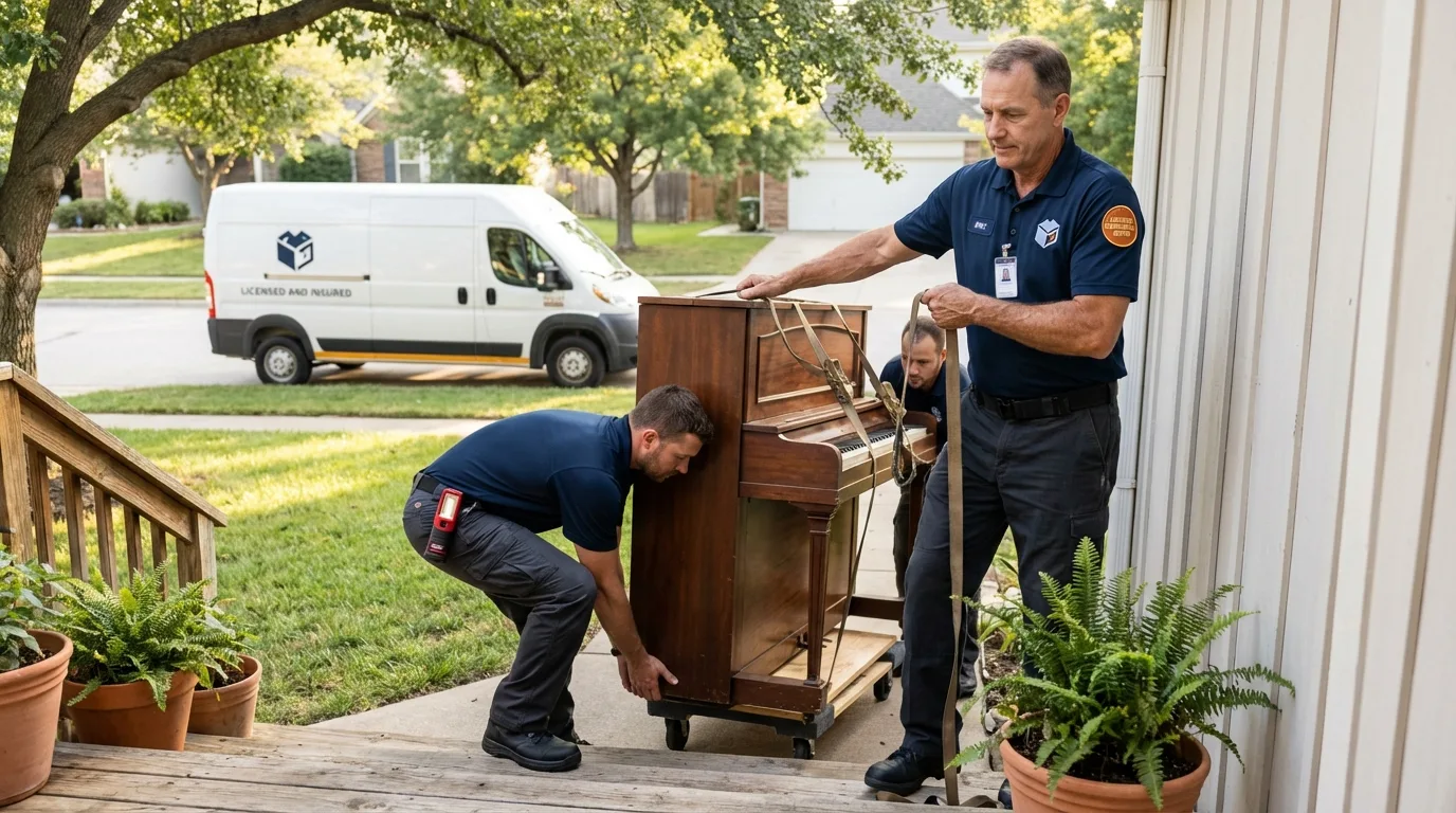 Licensed piano movers securing grand piano in Swanton, OH