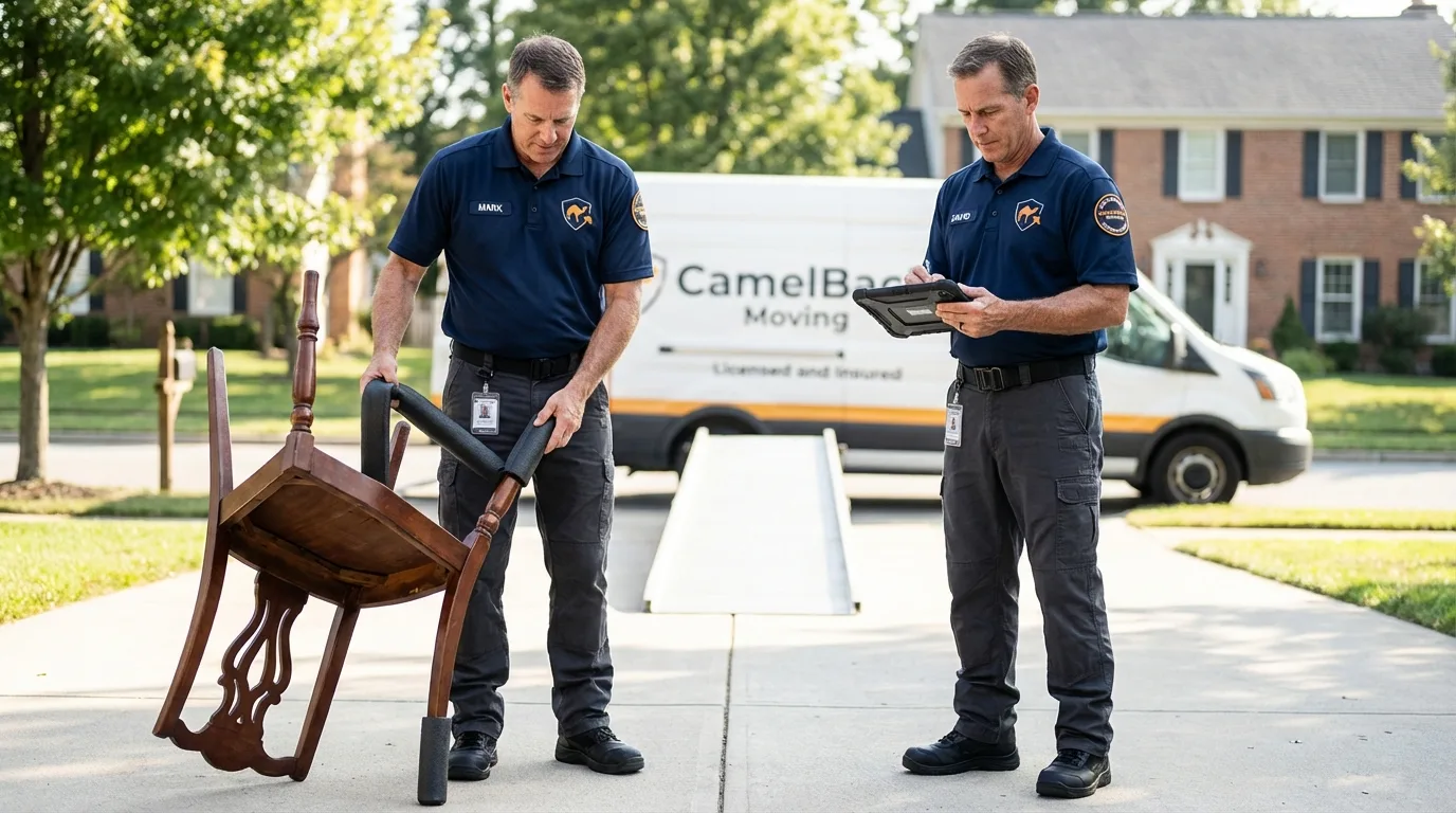 Movers inspecting furniture for damage prevention before loading in Swanton, OH