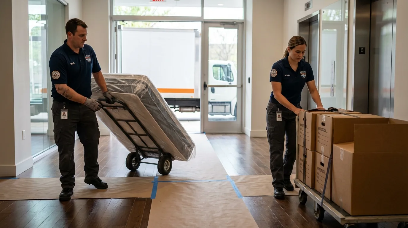Professional apartment movers loading elevator in Swanton, OH